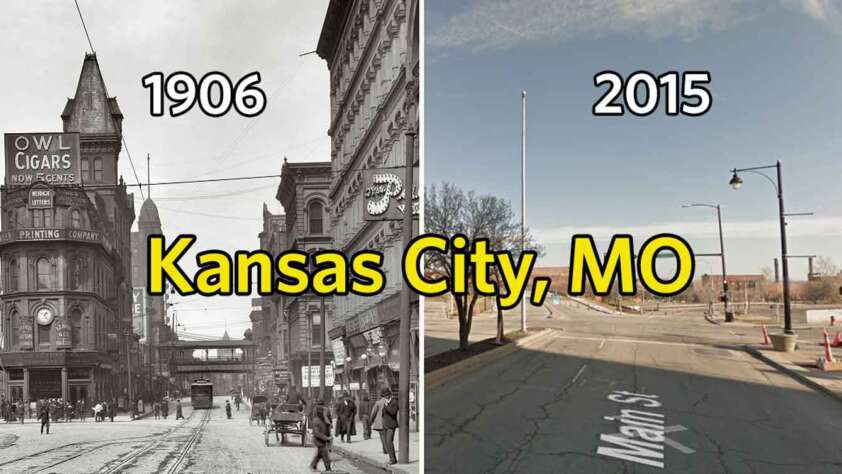 A side-by-side comparison shows Kansas City, MO, in 1906 and 2015. The 1906 image has a bustling street with tram tracks, tall historic buildings, and pedestrians. The 2015 image depicts a modern, quieter street with a few trees, streetlights, and new buildings.