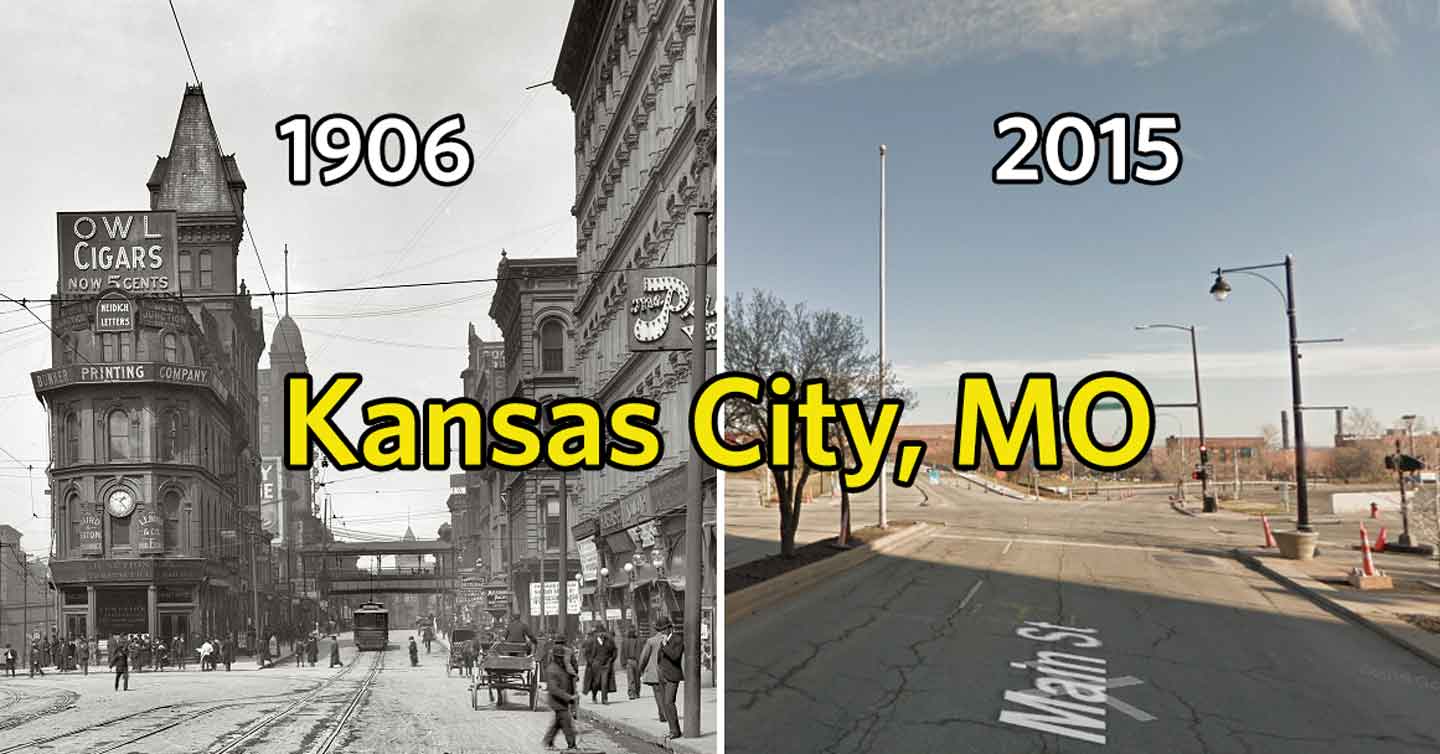 A side-by-side comparison shows Kansas City, MO, in 1906 and 2015. The 1906 image has a bustling street with tram tracks, tall historic buildings, and pedestrians. The 2015 image depicts a modern, quieter street with a few trees, streetlights, and new buildings.