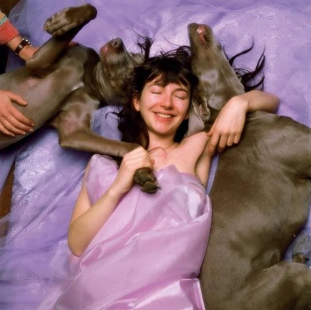 A woman wrapped in a silky purple fabric lies on her back, smiling with her eyes closed, and embraces two grey dogs resting their heads on her shoulders. Someone's hand is visible in the corner, petting one of the dogs.