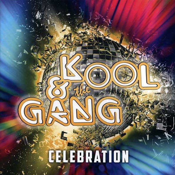 The cover art for Kool & the Gang's single "Celebration." The image features the band's name in bold, yellow, stylized text on a background with an exploding disco ball and vibrant multicolored streaks that suggest movement and energy. The word "CELEBRATION" is below.
