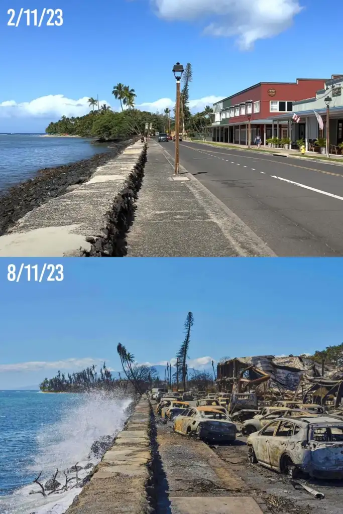 The top image is a bustling seaside town on 2/11/23 with a calm street and beachside views. The bottom image shows the same location devastated on 8/11/23, with burnt-out cars and buildings, debris, and waves crashing over the seawall.