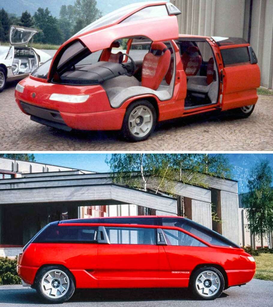 Two images of a red concept car with gull-wing front doors and sliding rear passenger doors. The top image shows a front-side view with doors open, revealing the interior seating. The bottom image displays a side view with all doors closed.