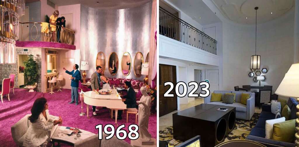 Split image comparing hotel lobby designs from 1968 and 2023. Left side shows vibrant 1968 decor with pink carpet, golden mirrors, and retro furniture. Right side shows modern 2023 decor with neutral colors, contemporary furniture, and minimalist design.