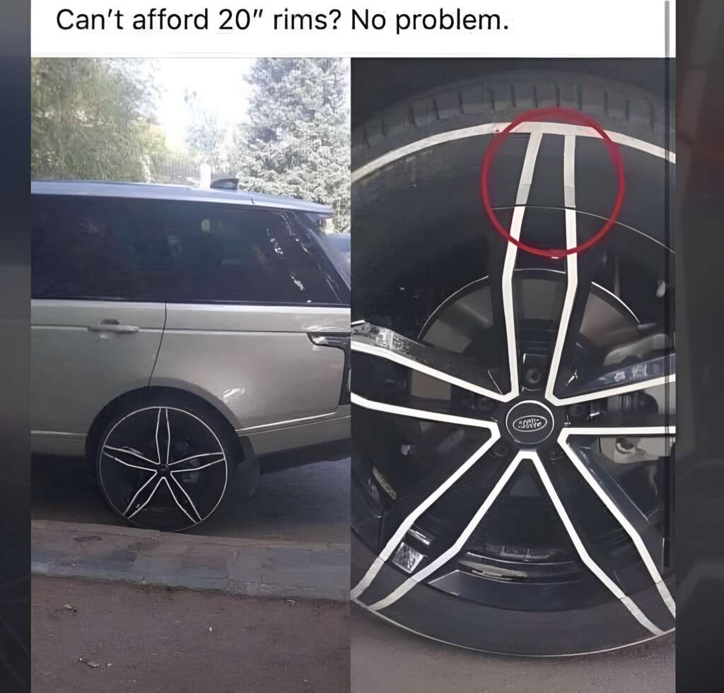 A car with regular-sized rims has white tape creatively arranged on its tires to mimic the look of larger, stylish 20-inch rims. The text at the top of the image reads, "Can't afford 20" rims? No problem.