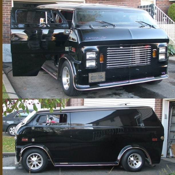 A customized black van is pictured in two different views. The van features a sleek design with metallic accents and a "Lethal Light" logo on the front. The first image shows the front and side with an open door, and the second image displays the left side profile.