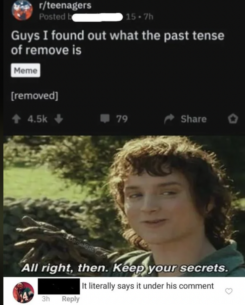 A Reddit post in the r/teenagers subreddit shows a meme. The top panel says, "Guys, I found out what the past tense of remove is [Meme] [removed]". The bottom panel features a character saying, "All right, then. Keep your secrets." A comment below reads, "It literally says it under his comment.