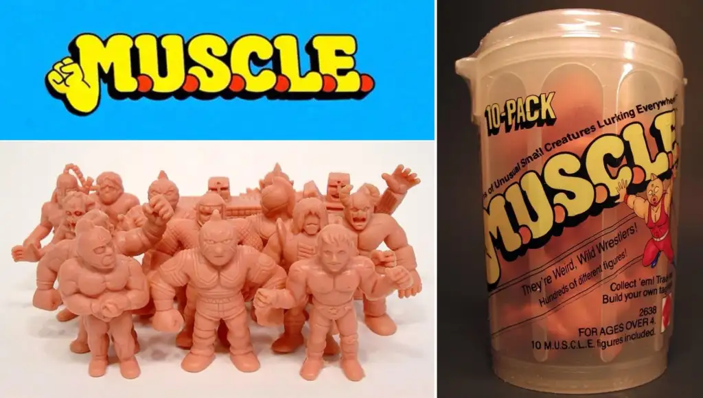 Image contains two sections. The left shows a group of small pink action figures from the M.U.S.C.L.E. toy line. The right section displays the packaging, a plastic canister, labeled "M.U.S.C.L.E." and advertising the collection of 10-pack of tiny figures.