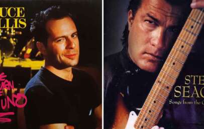 Two side-by-side album covers. The left one features Bruce Willis in a black shirt, with the text "The Return of Bruno" in pink graffiti-style font. The right one shows Steven Seagal holding a guitar, with the text "Songs from the Crystal Cave" in gold letters.
