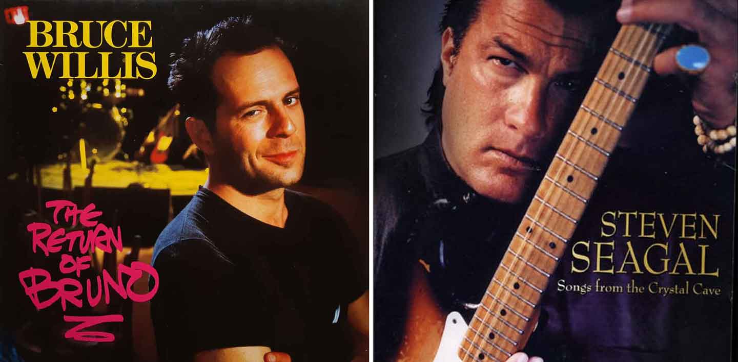 Two side-by-side album covers. The left one features Bruce Willis in a black shirt, with the text "The Return of Bruno" in pink graffiti-style font. The right one shows Steven Seagal holding a guitar, with the text "Songs from the Crystal Cave" in gold letters.