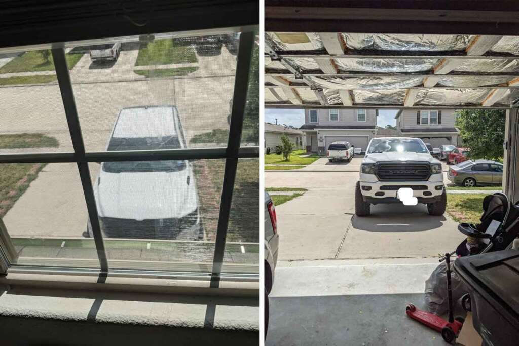 Side-by-side comparison image showing a white truck parked on a driveway, as seen through a window in the left image, and from inside a garage with the garage door open in the right image. Some household items and a stroller are visible in the garage.