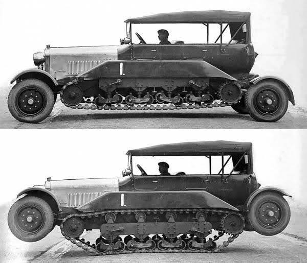 Two black-and-white photos showing a vintage half-track vehicle with a convertible soft top. The top image shows the vehicle with flat tracks, while the bottom image shows the vehicle with its tracks in a deployed, raised position for off-road use.