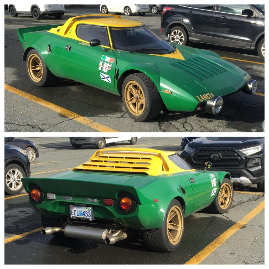 A two-panel image features a green and yellow Lancia Stratos sports car parked in a lot. The top panel shows a front-side view highlighting the car's unique design and rally decals. The bottom panel shows a rear-side view, emphasizing the distinct rear and exhaust design.