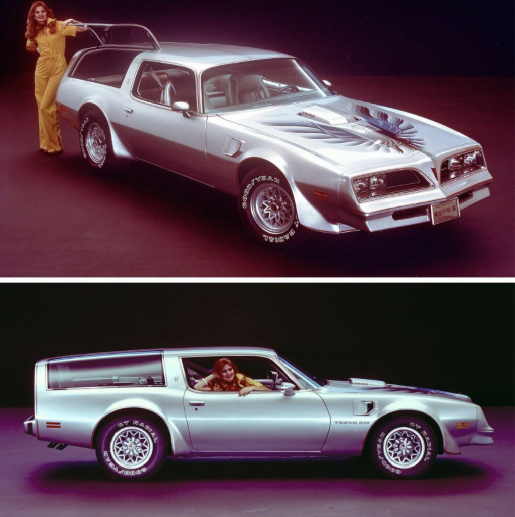 Two images of a classic silver Pontiac Firebird Trans Am from the 1970s. The top image shows a woman in a yellow jumpsuit standing next to the car, while the bottom image provides a side view of the car. The car features distinctive hood decals and custom wheels.