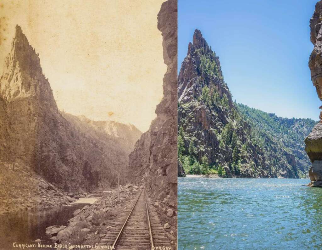 A split image comparing an old photograph with a modern photo of a narrow canyon called "Currecanti Needle, Black Canyon of the Gunnison." The left shows a sepia-toned, historical image with railway tracks; the right shows a vibrant, modern view of a river and greenery.