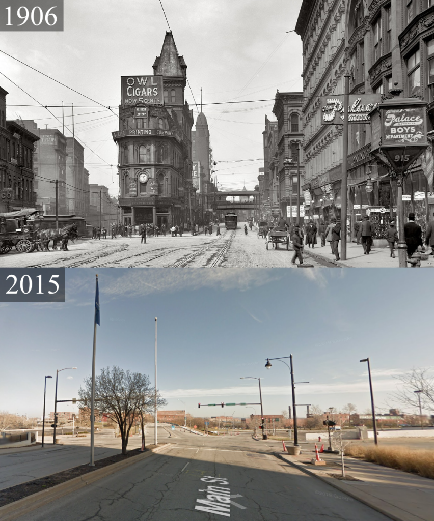 A split image showing the same street in two different years. The top shows a bustling 1906 street with horse-drawn carriages, streetcars, and pedestrians, alongside vintage buildings and Owl Cigars sign. The bottom 2015 scene depicts a quieter, modernized street with few buildings remaining.