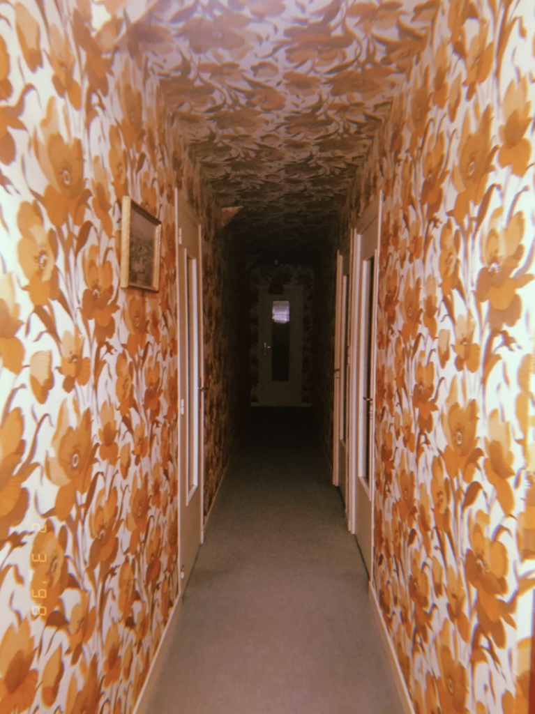 A long hallway with walls and ceiling covered in a vintage, floral wallpaper featuring large orange and yellow flowers. The floor is carpeted in gray. There are several doors along the sides and a mirror at the end of the hallway reflecting the patterned walls.