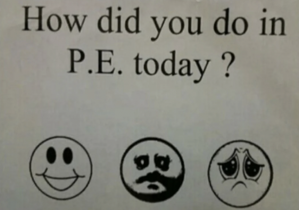 A sign asks "How did you do in P.E. today?" followed by three faces: a happy face, a neutral face, and a sad face, representing different levels of performance or feelings about the P.E. class.