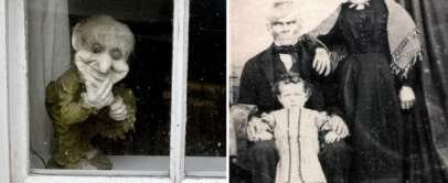 A two-part image: the left side shows a small, eerie figure with a wrinkled face peering through a window. The right side displays an old black-and-white photograph of a stern-looking elderly couple standing behind a child seated on a man's lap.