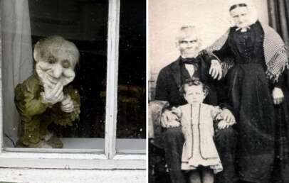 A two-part image: the left side shows a small, eerie figure with a wrinkled face peering through a window. The right side displays an old black-and-white photograph of a stern-looking elderly couple standing behind a child seated on a man's lap.