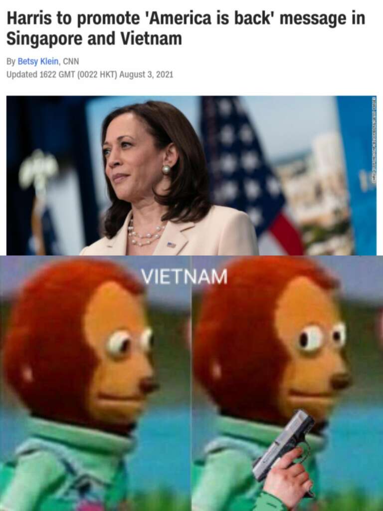 A two-panel image. The top shows a woman in a white blazer with the American flag behind her, and text detailing her visit to Singapore and Vietnam. The bottom panel is a meme with two frames of an edited monkey puppet, labeled "VIETNAM," looking surprised and then pointing a gun.