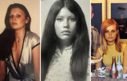 A collage of three photos of a woman: the left image shows her with long, dark hair, wearing a silver top; the middle is a black-and-white portrait, with her hair down and wearing a floral shirt; the right depicts her with lighter hair, seated at a table.