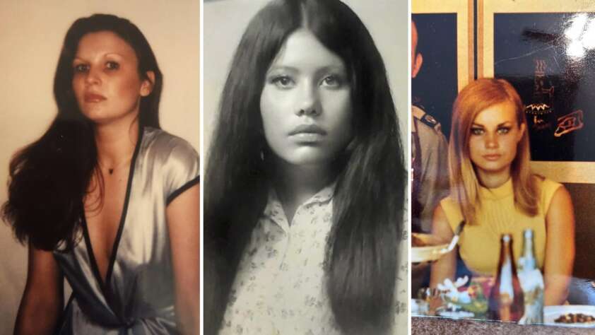 A collage of three photos of a woman: the left image shows her with long, dark hair, wearing a silver top; the middle is a black-and-white portrait, with her hair down and wearing a floral shirt; the right depicts her with lighter hair, seated at a table.
