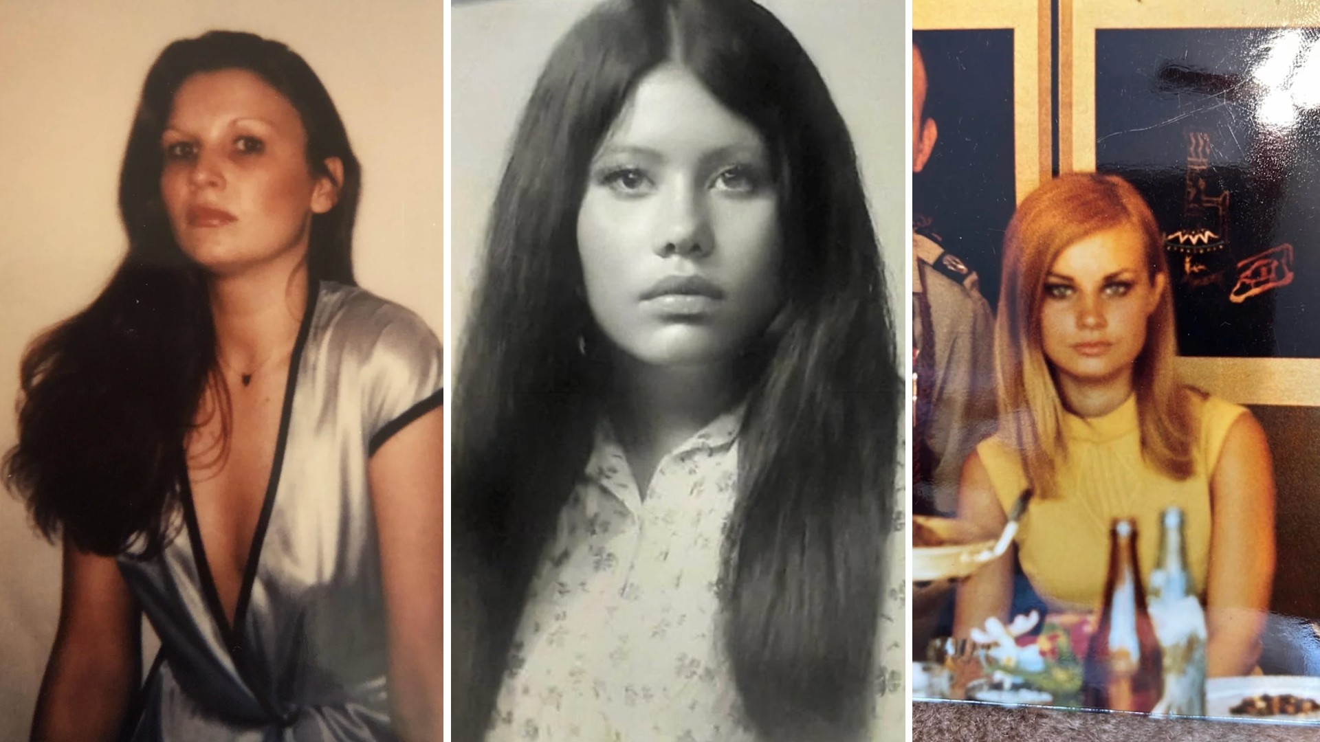 A collage of three photos of a woman: the left image shows her with long, dark hair, wearing a silver top; the middle is a black-and-white portrait, with her hair down and wearing a floral shirt; the right depicts her with lighter hair, seated at a table.