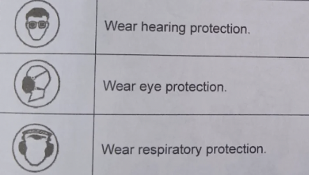A safety instruction sheet featuring three icons and corresponding text. The first icon shows a person with earmuffs and text reads "Wear hearing protection." The second icon shows safety goggles and text reads "Wear eye protection." The third icon shows a mask and text reads "Wear respiratory protection.