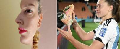 Left: A woman with elaborate face makeup creating an illusion of a side profile merged with a front view, showcasing artistic facial paint. Right: A soccer player in an Argentina jersey holding a large sandwich in a stadium, celebrating with a smile.