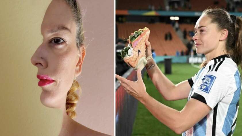 Left: A woman with elaborate face makeup creating an illusion of a side profile merged with a front view, showcasing artistic facial paint. Right: A soccer player in an Argentina jersey holding a large sandwich in a stadium, celebrating with a smile.