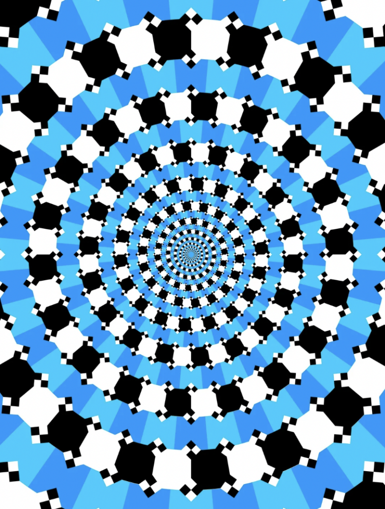 A hypnotic optical illusion with concentric circles made up of black and white geometric patterns. Alternating blue and white triangles radiate outward, creating a mesmerizing spiral effect that appears to move towards the center.