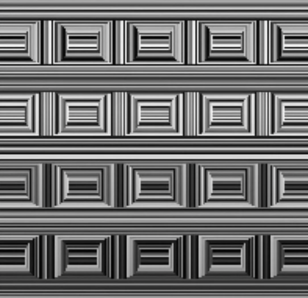 A grayscale optical illusion featuring a pattern of repeating square and circular shapes with striped designs. The squares and circles alternate in rows, creating a visually striking and hypnotic effect.