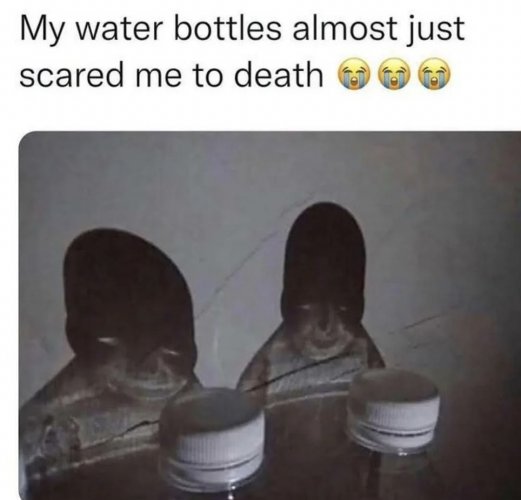 Three water bottles cast shadows on a wall, creating the illusion of three ghostly figures, accompanied by the caption "My water bottles almost just scared me to death" with crying face emojis.