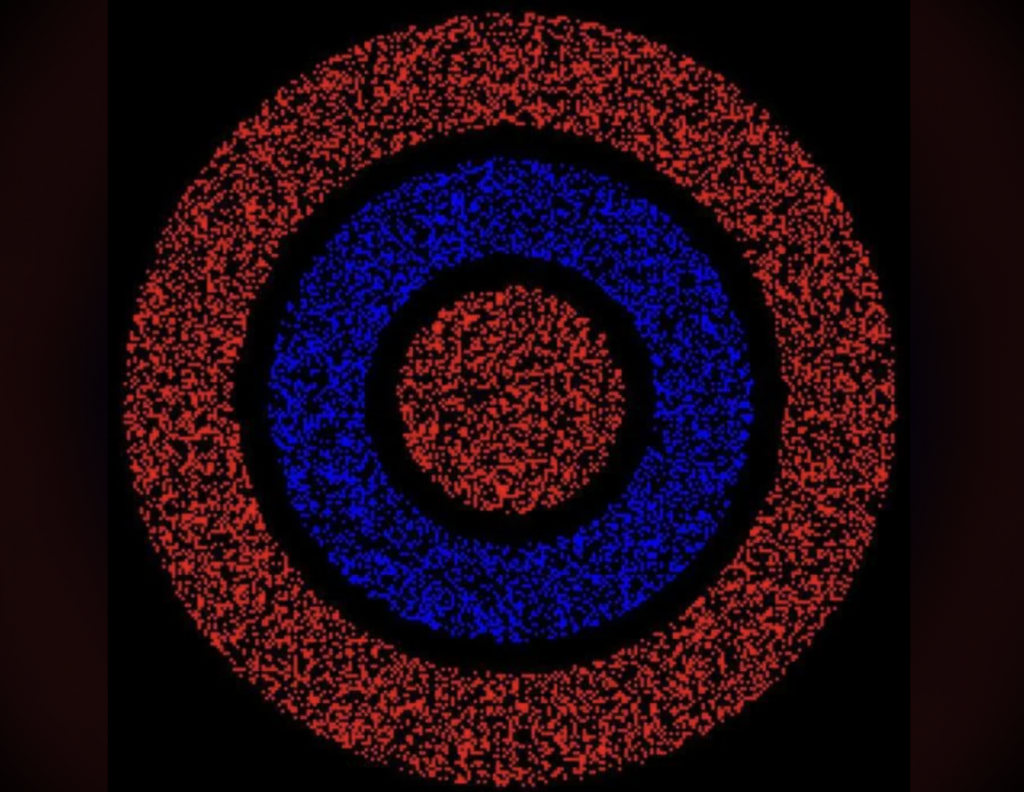 A circular abstract design featuring three concentric rings. The outermost and innermost rings are composed of red speckles, while the middle ring is made up of blue speckles. The background is black, which accentuates the vibrant colors of the rings.