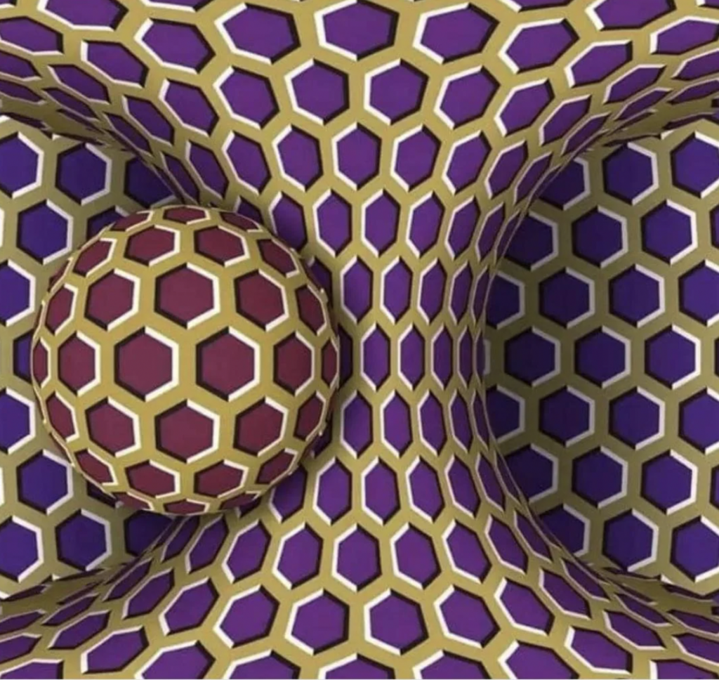 Optical illusion of a 3D honeycomb pattern with purple and gold hexagons, featuring a central sphere also covered with hexagons. The background shapes appear to distort around the sphere, creating a tunnel-like effect that gives a sense of depth and movement.