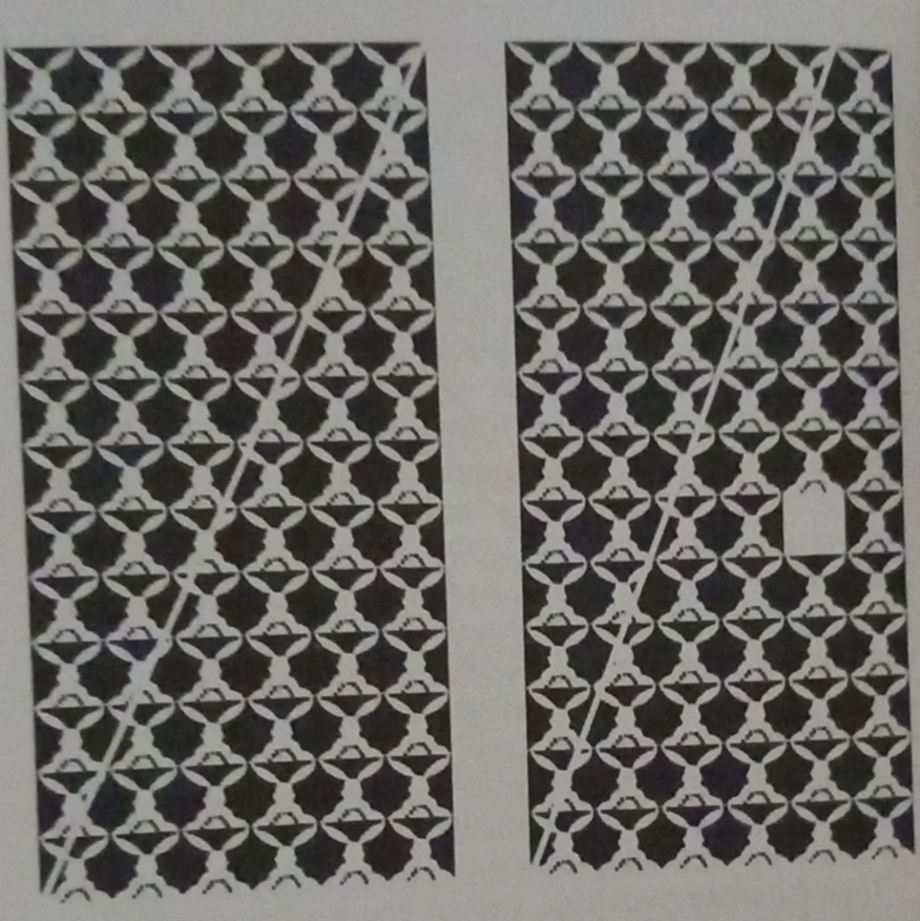 Two panels show a repeating black and white geometric pattern resembling interlocking shapes. The left panel has a straight white diagonal line running across it, while the right panel features a small rectangular white tag near the center.