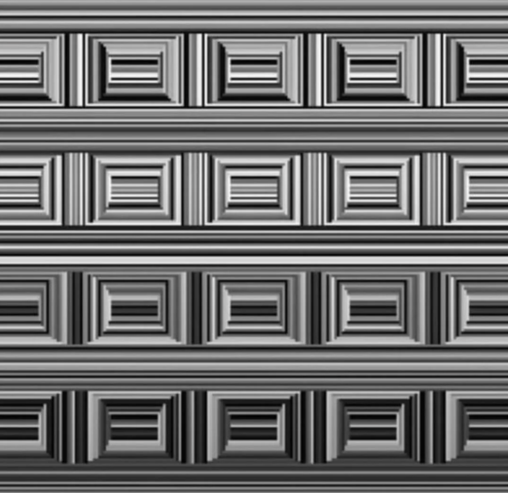 Abstract black and white pattern consisting of geometric shapes and lines. The design includes alternating rows with square and circular elements, each filled with closely packed vertical, horizontal, and diagonal lines, creating a textured, layered effect.