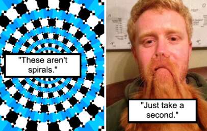 On the left, an optical illusion with blue, black, and white shapes creating a spiral-like pattern, captioned "These aren't spirals." On the right, a man with a ginger beard styled into two points resembling a mustache, captioned "Just take a second.