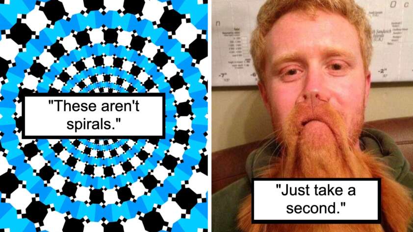 On the left, an optical illusion with blue, black, and white shapes creating a spiral-like pattern, captioned "These aren't spirals." On the right, a man with a ginger beard styled into two points resembling a mustache, captioned "Just take a second.
