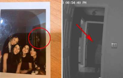 A split image shows a Polaroid photograph on the left featuring four friends posing together and smiling. The right side, circled in red, highlights a shadowy figure. The right side of the image displays a black and white security camera still showing a shadowy figure in a hallway.