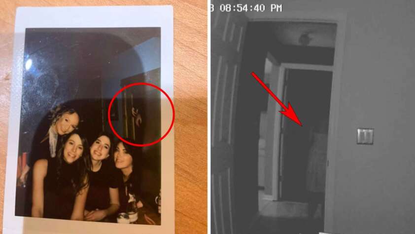 A split image shows a Polaroid photograph on the left featuring four friends posing together and smiling. The right side, circled in red, highlights a shadowy figure. The right side of the image displays a black and white security camera still showing a shadowy figure in a hallway.