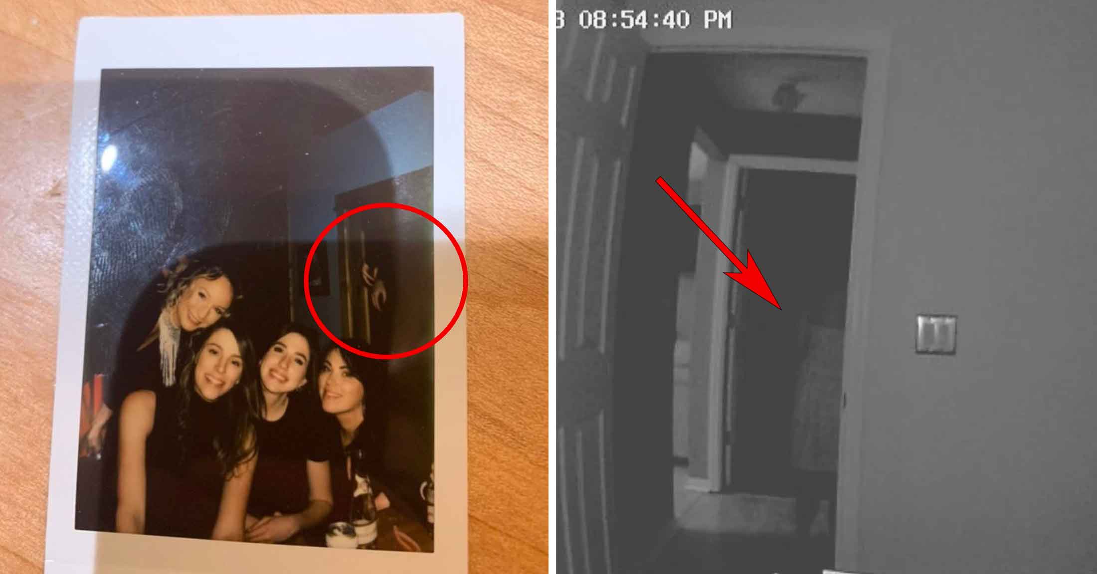 A split image shows a Polaroid photograph on the left featuring four friends posing together and smiling. The right side, circled in red, highlights a shadowy figure. The right side of the image displays a black and white security camera still showing a shadowy figure in a hallway.