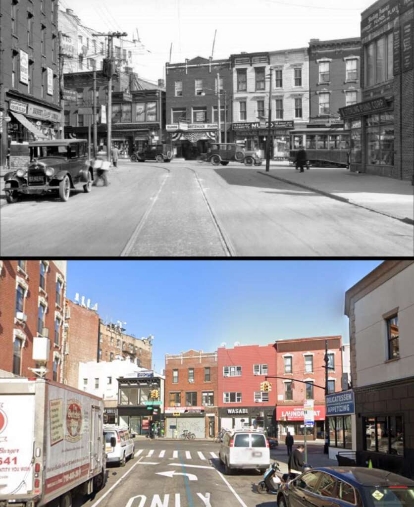 A two-part image comparison of the same street: the top part shows an old black-and-white photo with vintage cars and storefronts; the bottom part displays a modern color photo of the same street with contemporary vehicles and updated shops.