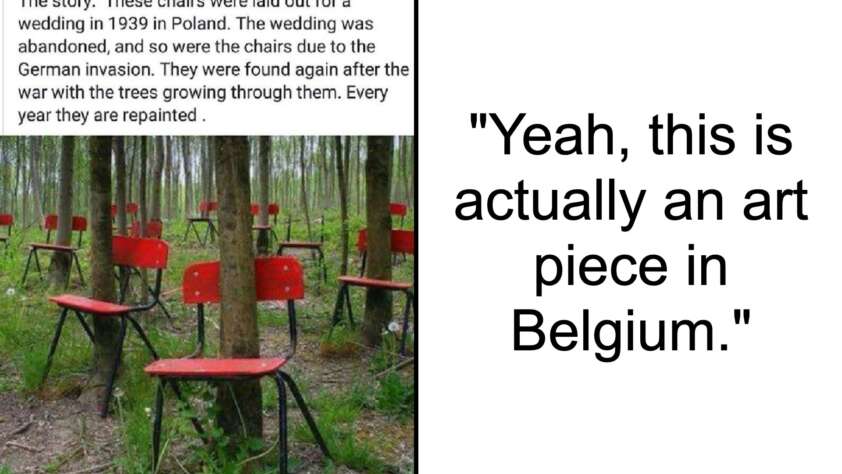 A forest with numerous red chairs attached to trees, creating an eerie yet artistic scene. A caption on the left narrates the chairs' origin from a 1939 wedding in Poland, later moved and repainted annually. An overlay on the right reads, "Yeah, this is actually an art piece in Belgium.