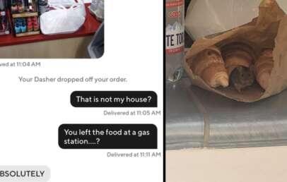 On the left, a phone screenshot shows a food delivery mistakenly dropped off at a gas station with message exchanges. On the right, a brown paper bag of croissants sits on a counter.