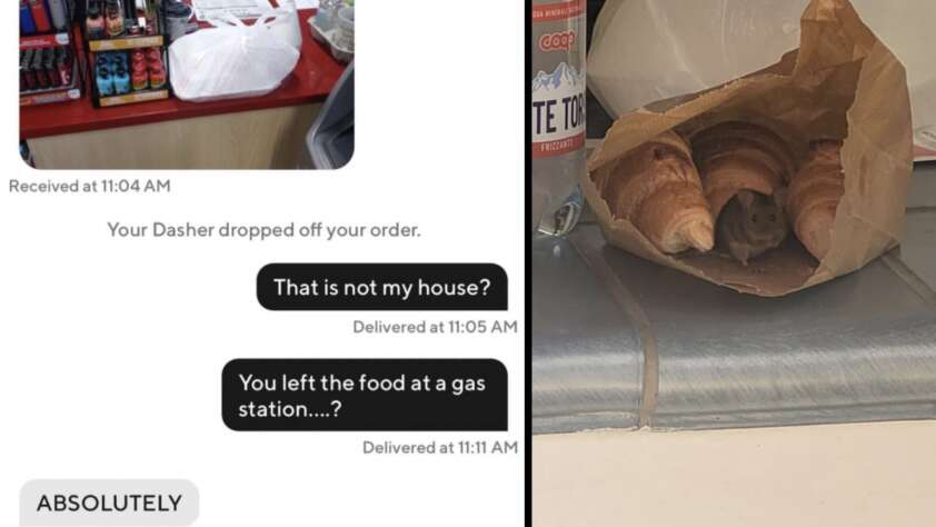 On the left, a phone screenshot shows a food delivery mistakenly dropped off at a gas station with message exchanges. On the right, a brown paper bag of croissants sits on a counter.