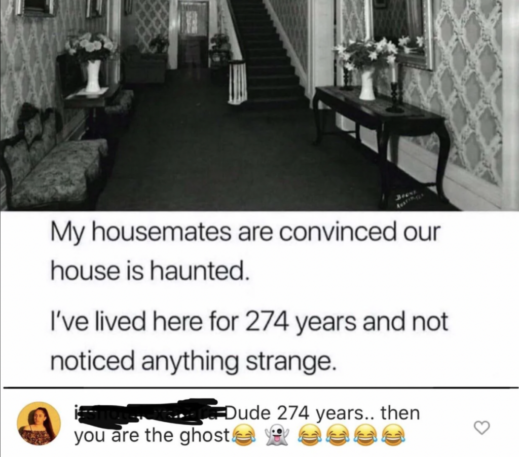 An Instagram post shows a black-and-white photo of a vintage interior corridor with old-fashioned furniture and decor. Text overlay on the image reads: "My housemates are convinced our house is haunted. I've lived here for 274 years and not noticed anything strange." A comment below reads: "Dude 274 years.. then you are the ghost" with laughing and ghost emojis.
