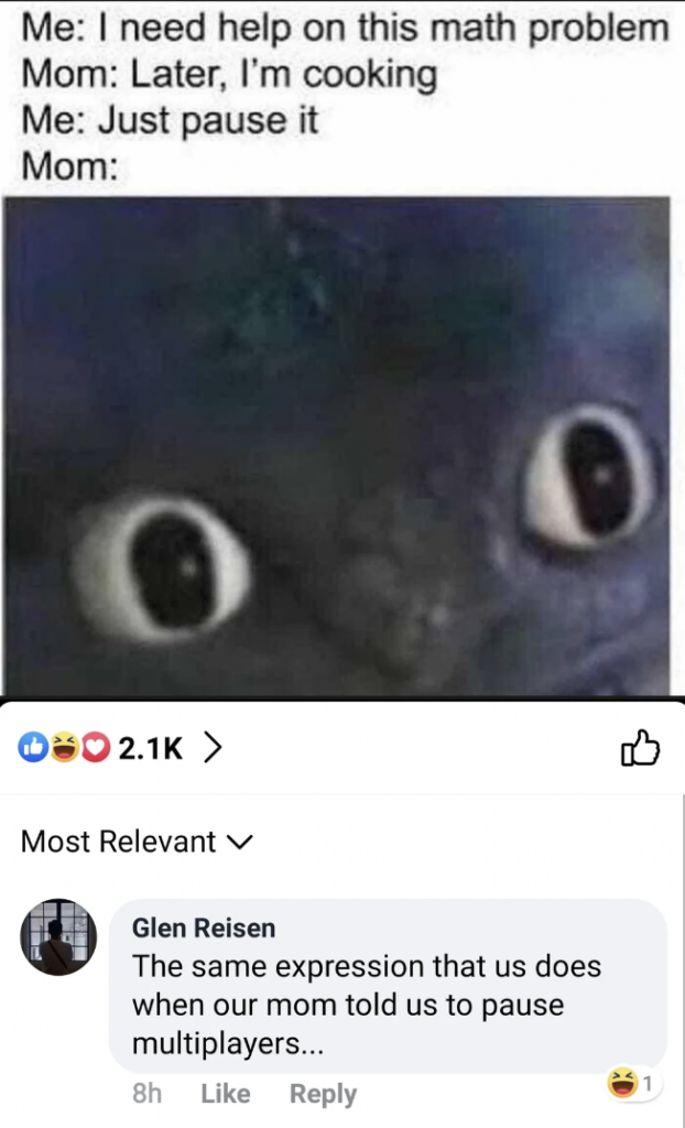 A Facebook post features a meme with a nervous cartoon character's face. The text reads: "Me: I need help on this math problem. Mom: Later, I'm cooking. Me: Just pause it. Mom:" Below, a comment by Glen Reisen reads: "The same expression that us does when our mom told us to pause multiplayers...