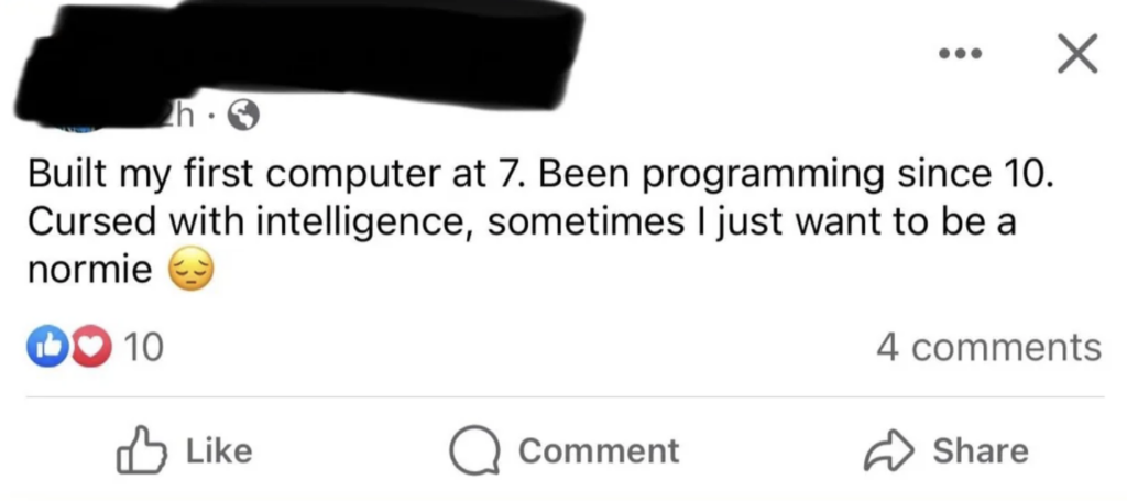 A Facebook post reads: "Built my first computer at 7. Been programming since 10. Cursed with intelligence, sometimes I just want to be a normie 😔" The post has 10 reactions, 4 comments, and options to Like, Comment, or Share at the bottom. The name of the poster is blacked out.