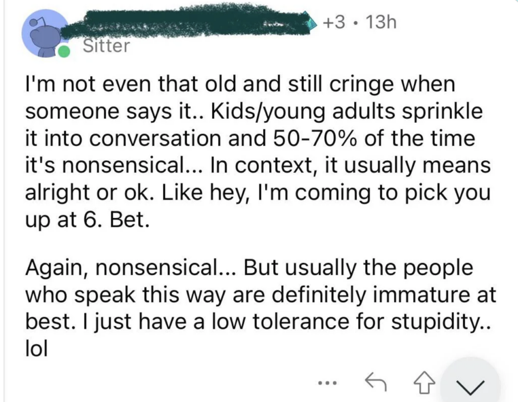 A screenshot of a social media post by a user named "Sitter." The user discusses their discomfort with younger people's slang, like "Bet," which they find nonsensical and immature. The post mentions having a low tolerance for such language, finding it cringeworthy.